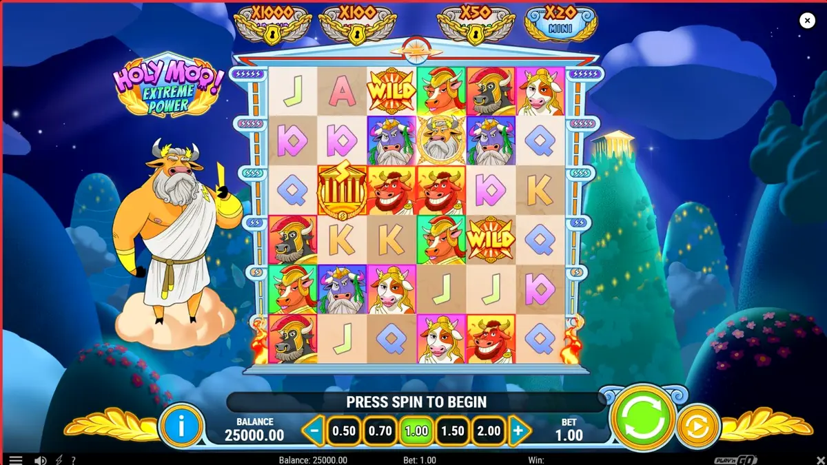 Tampilan visual slot Holy Moo! Extreme Power dengan karakter dewa sapi