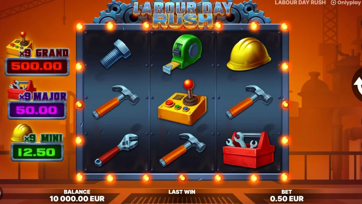 Tampilan antarmuka slot Labour Day Rush dengan simbol bertema industri dan mesin pabrik.