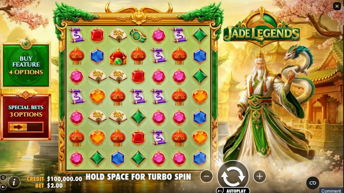 Tampilan visual grid 7x7 dalam permainan slot Jade Legends dengan latar belakang naga emas.