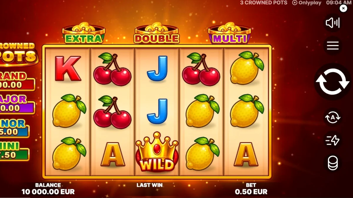 Tampilan visual slot 3 Crowned Pots dengan simbol buah dan pot emas